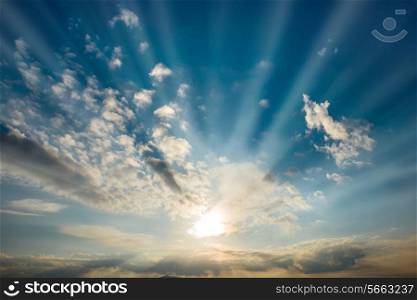 View on sun, sunset, blue sky, and ocean of clouds