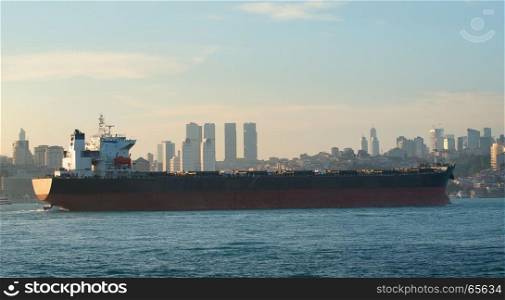 View on tanker in Bosphorus and cityscape of Istanbul, Turkey