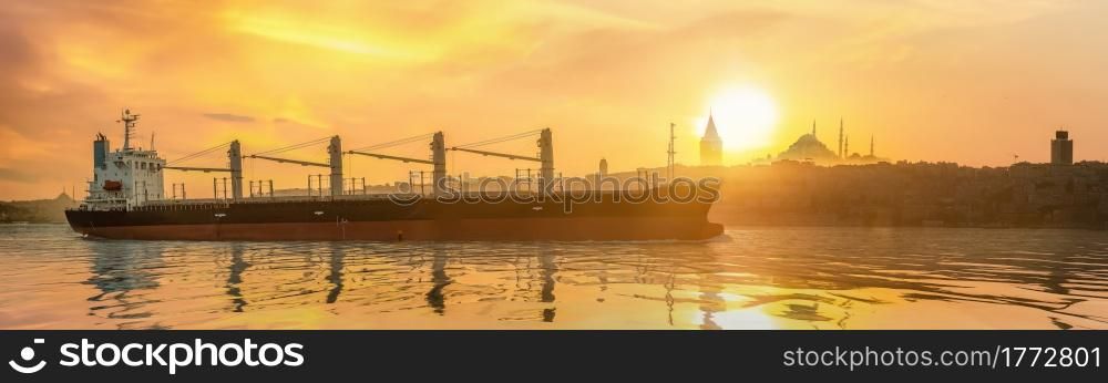 View on tanker in Bosphorus and cityscape of Istanbul, Turkey. View on tanker