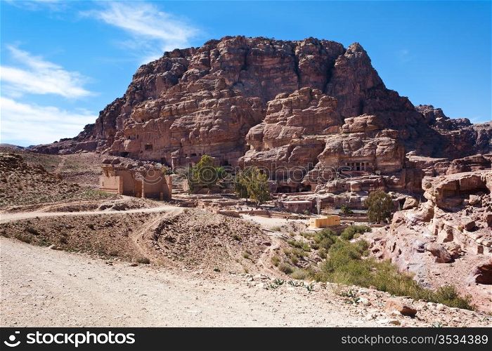 view on Temple of Dushares and Unfinished Tomb in Petra, Jordan