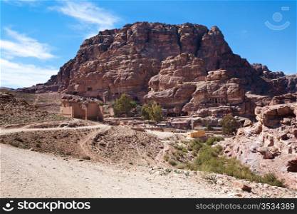 view on Temple of Dushares and Unfinished Tomb in Petra, Jordan