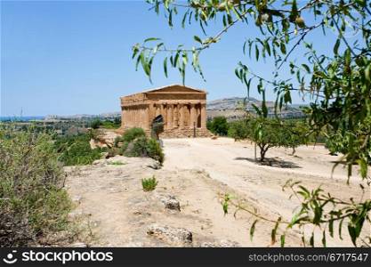 view on Temple on Concordia in Valley of Temples and town Agrigento, Sicily