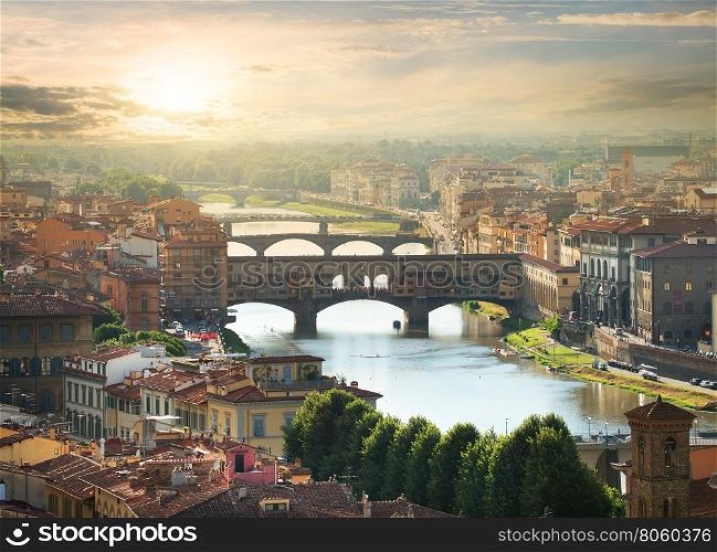 View on the bridges of Florence at sunrise