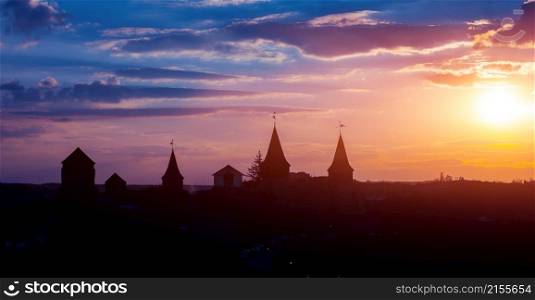 View on the castle in Kamianets Podilskyi in the evening. Ukraine. Castle in Kamianets Podilskyi