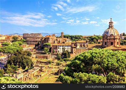 View on the Colosseum, the Santi Luca e Martina and the Imperial Fora from Vittoriano in Rome