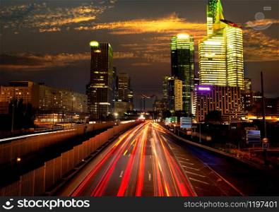 View on the district la Defense from pont de Neuilly in evening, Paris, France. View on la Defense