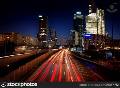 View on the district la Defense from pont de Neuilly in evening, Paris, France