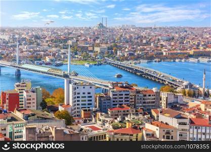 View on the Halic metro Bridge, the Ataturk Bridge and the Sultanahmet district of Istanbul.. View on the Halic metro Bridge, the Ataturk Bridge and the Sultanahmet district of Istanbul