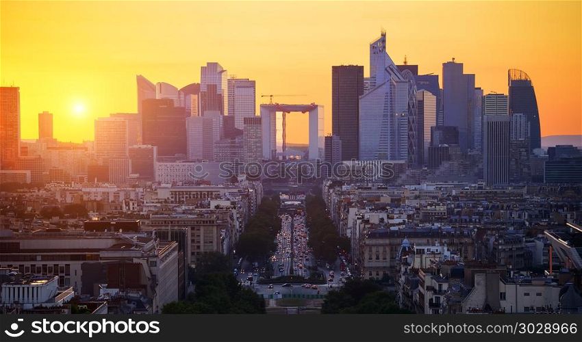 View on the modern district la Defense in Paris. La Defense at sunset. La Defense at sunset