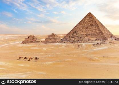 View on the Pyramid of Menkaure and the three small pyramids, Giza, Egypt.. View on the Pyramid of Menkaure and the three small pyramids, Giza, Egypt