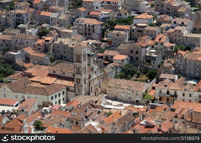 View on the roofs of houses in Hvar, Croatia
