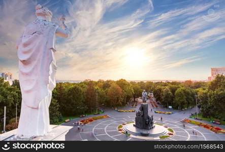 View on the Shevchenko park from the roof of the old house with statues, Kharkiv, Ukraine.