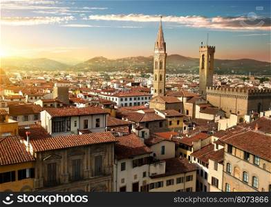 View on towers Bargello and Badia Fiorentina in Florence, Italy