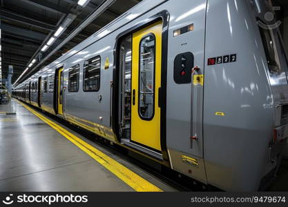 View on wagon of the high speed train with yellow door closed in the rail station. Generative AI