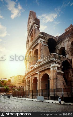 View on wall of Colosseum in Rome at sunrise
