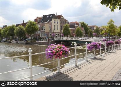 View over a canal in the old city of Leiden Netherlands