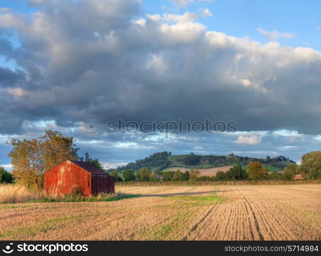 View over arable farmland near the Cotswold village of Mickleton, Chipping Campden, Gloucestershire, England.