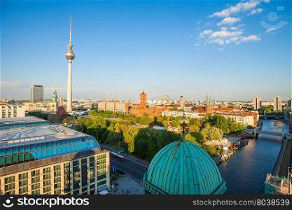 View over Berlin Alexanerplatz with Rotes Rathaus and River Spree