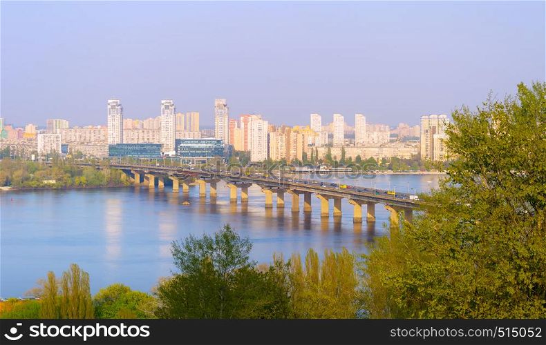 View over Dnipro river, Paton bridge and left bank of Kiev. Ukraine