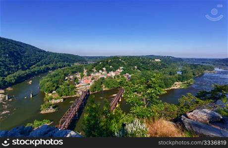 View over historical civil war town of Harpers Ferry, a National Park owned town, by the confluence of the Potomac and Shenandoah rivers