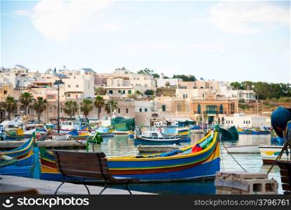 View over Marsaxlokk with boats, Malta