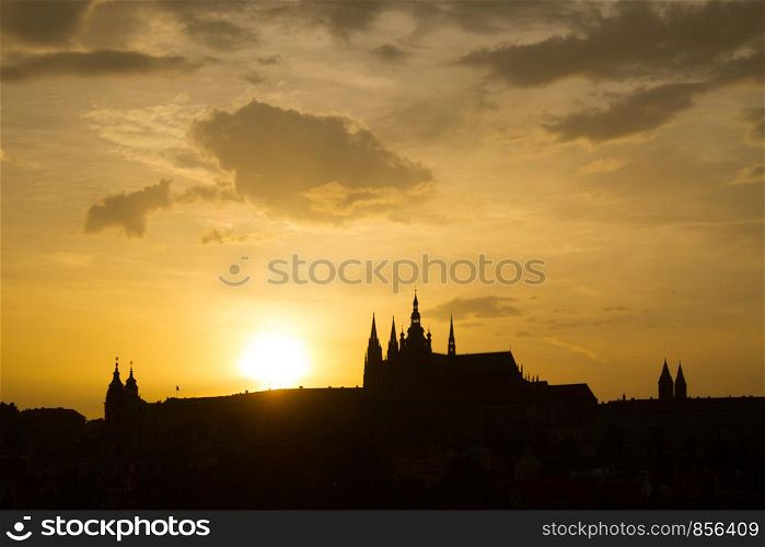 View over Prague city on the sunset. St. Vita Cafedral