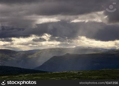 View over the Dovre mountains from the Grimsadlen valley. View over Dovre mountains