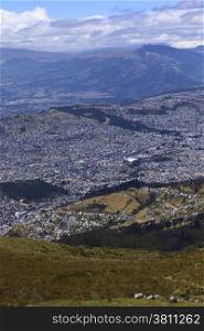 View over the Southern part of Quito, Ecuador from the Cruz Loma lookout close to the TeleferiQo cablecar station on the Pichincha mountain
