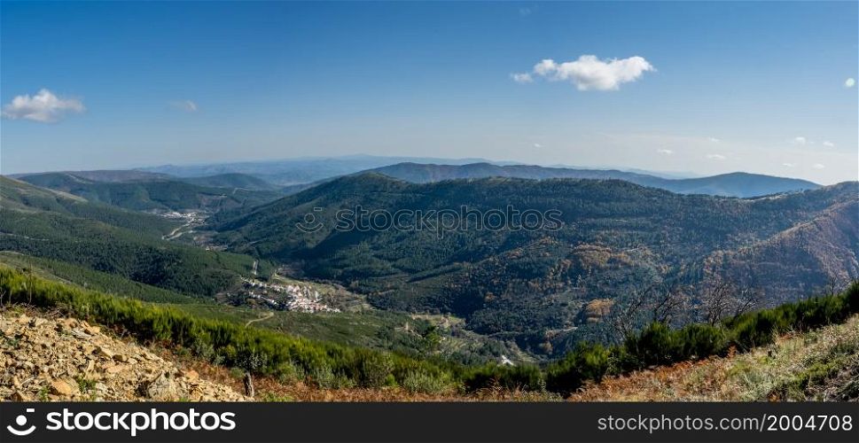View over the Zezere river valley and the village of Sameiro. Manteigas, Serra da Estrela - Portugal.
