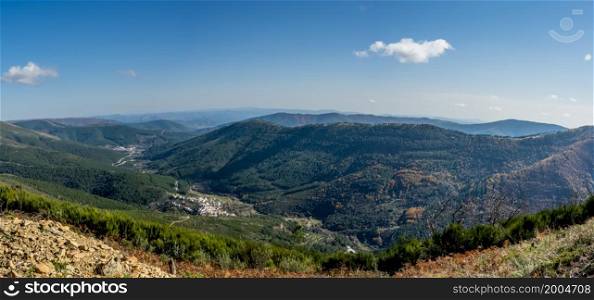 View over the Zezere river valley and the village of Sameiro. Manteigas, Serra da Estrela - Portugal.