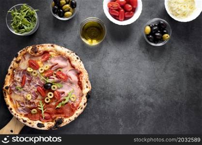 view pizza toppings arrangement