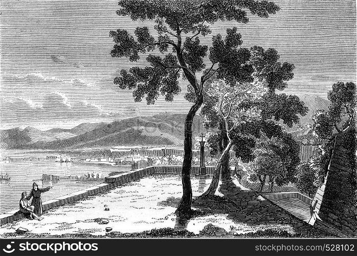 View taken in Castellammare, vintage engraved illustration. Magasin Pittoresque 1847.