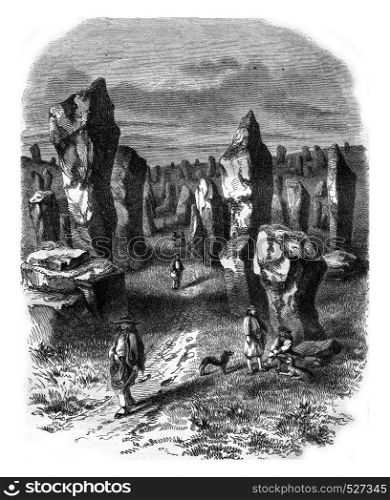 View taken in the field Carnac, Morbihan department, vintage engraved illustration. Magasin Pittoresque 1847.