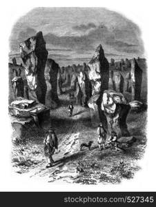 View taken in the field Carnac, Morbihan department, vintage engraved illustration. Magasin Pittoresque 1847.