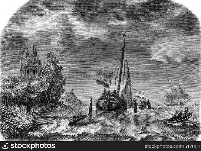 View taken in Zealand, storm effect, vintage engraved illustration. Magasin Pittoresque 1845.