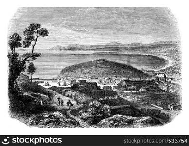 View the coast of the Mediterranean taking the road of Genoa, vintage engraved illustration. Magasin Pittoresque 1853.