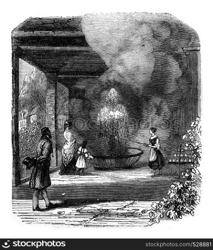 View the source of the Sprudel, taken from the inside of the gallery, vintage engraved illustration. Magasin Pittoresque 1847.