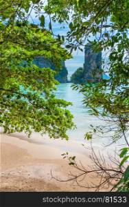 view through the tree to the beach and the rock on the Andaman coast