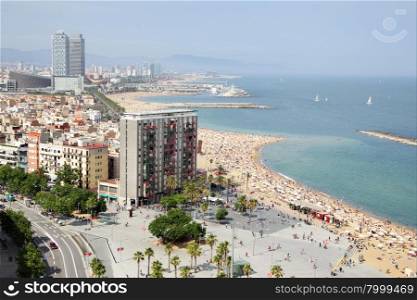View to Barceloneta district and beach, Barcelona, Spain