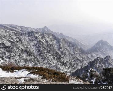 View to beautiful mountains from the high peak of Seoraksan mountains. South Korea