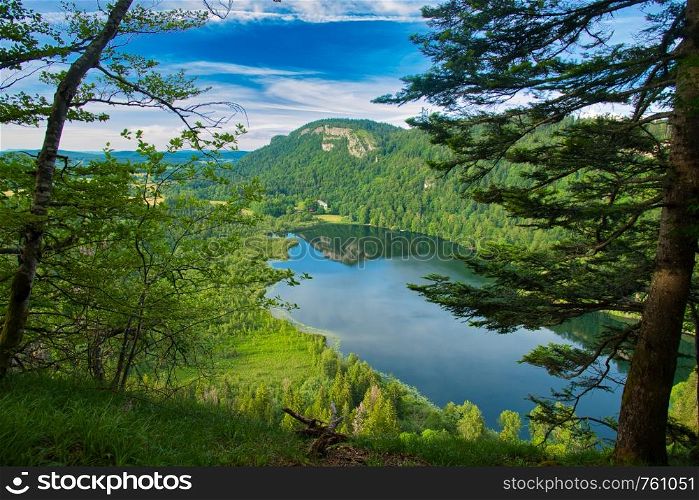 View to he lake of Bonlieu in the French Jura