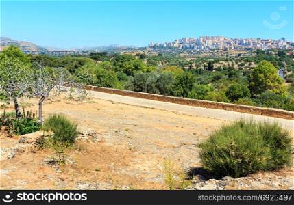 View to highway from famous ancient ruins in Valley of Temples, Agrigento, Sicily, Italy.