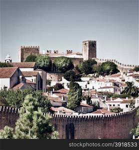 View to Historic Center City of Obidos, Portugal, Vintage Style Toned Picture