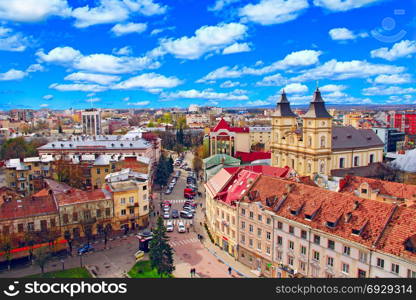 view to Ivano-Frankivsk from a bird&rsquo;s eye view. view to Ivano-Frankivsk from a bird&rsquo;s eye view with blue sky on the background