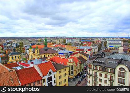 View to Ivano-Frankivsk from a bird&rsquo;s eye view with dark clouds up. Cityscape. Ukrainian city. Ivano-Frankivsk from bird&rsquo;s eye view with dark clouds up