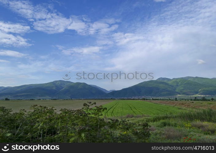 View to Rodopi mountain from motive train, Bulgaria