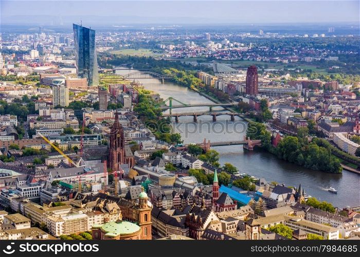 view to skyline of Frankfurt from Maintower in Frankfurt, Germany