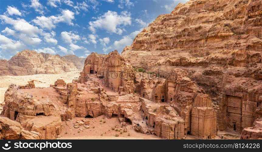View to the ancient Nabataean Royal tombs and street of Facades, Petra, Jordan