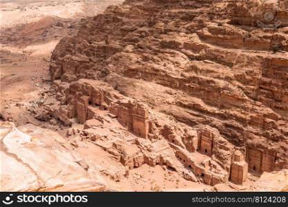 View to the ancient Nabataean Royal tombs from above, Petra, Jordan