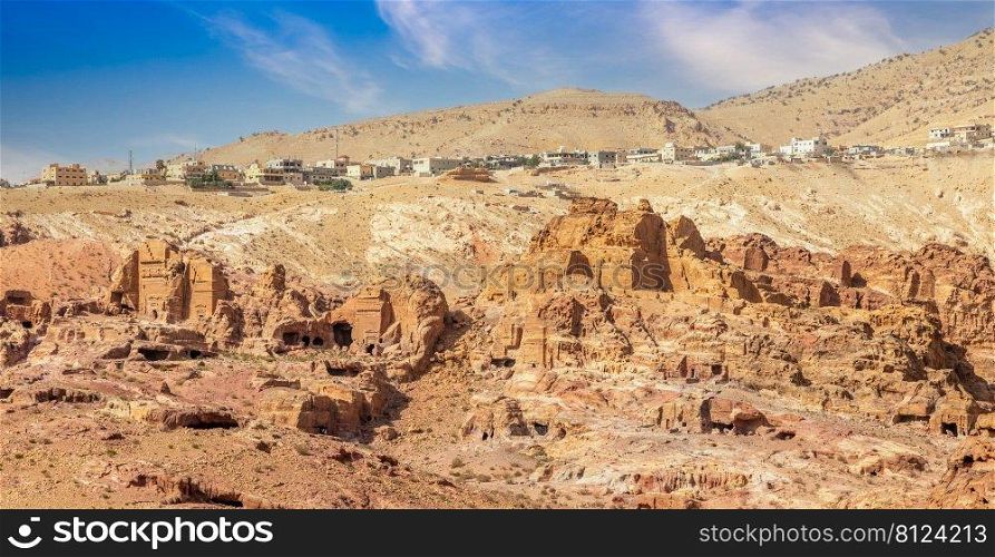 View to the ancient Nabataean Royal tombs from above, Petra, Jordan